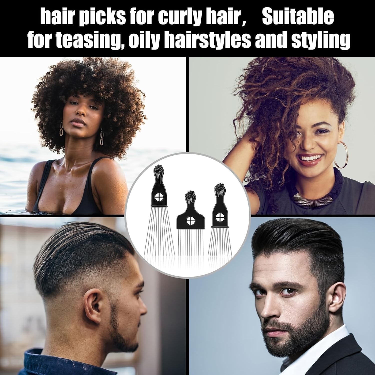 3 Pack Afro Hair Picks for Men and Women, Cpoxixt Metal Comb Medium - Image 6