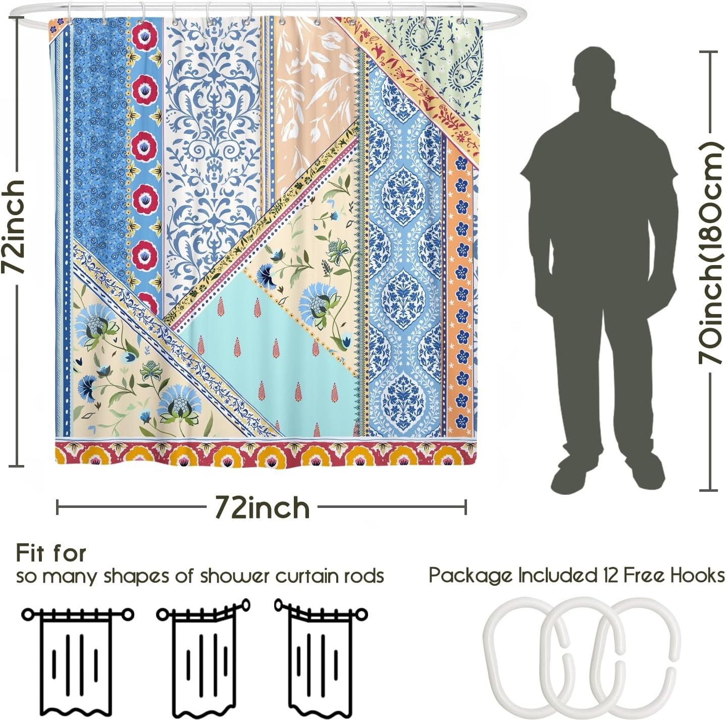 Boho Floral Shower Curtain for Bathroom, Patchwork Bohemian Retro Blue Colorful - Image 2