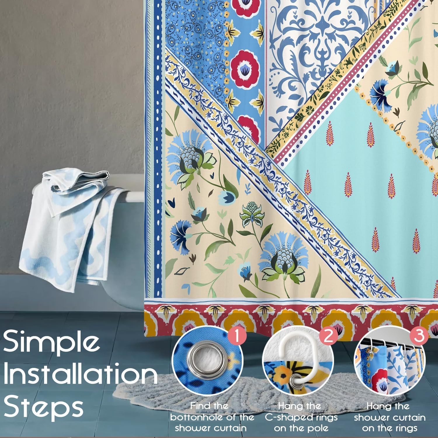 Boho Floral Shower Curtain for Bathroom, Patchwork Bohemian Retro Blue Colorful - Image 4