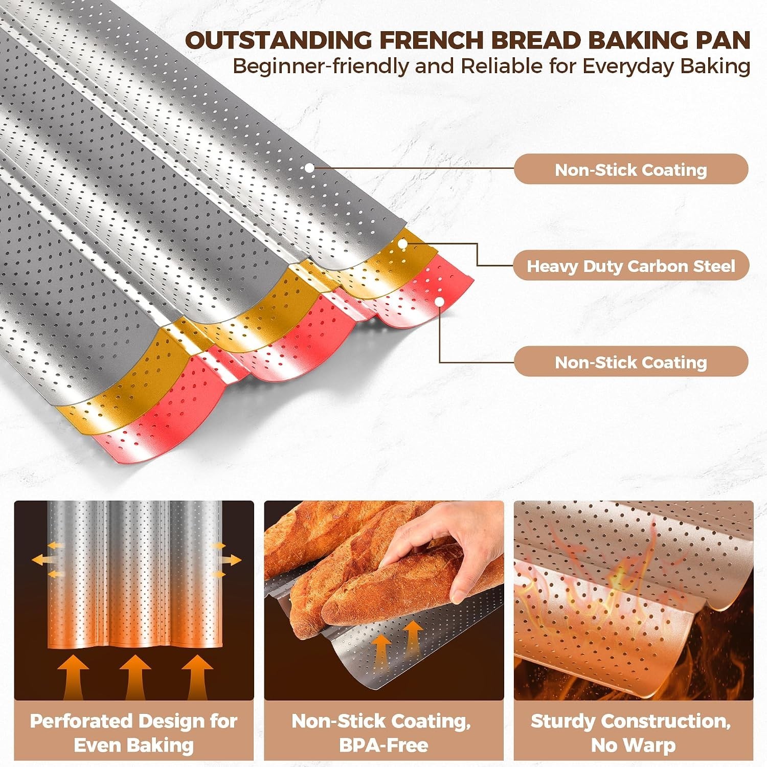 Baguette Bread Pan Premium Nonstick Perforated French Bread Baguette Baking Pan - Image 5