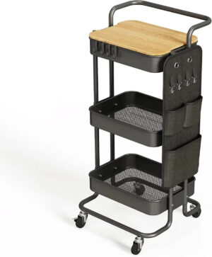 3 Tier Metal Utility Rolling Cart with Table Top and Side Bags, Tray Storage Org