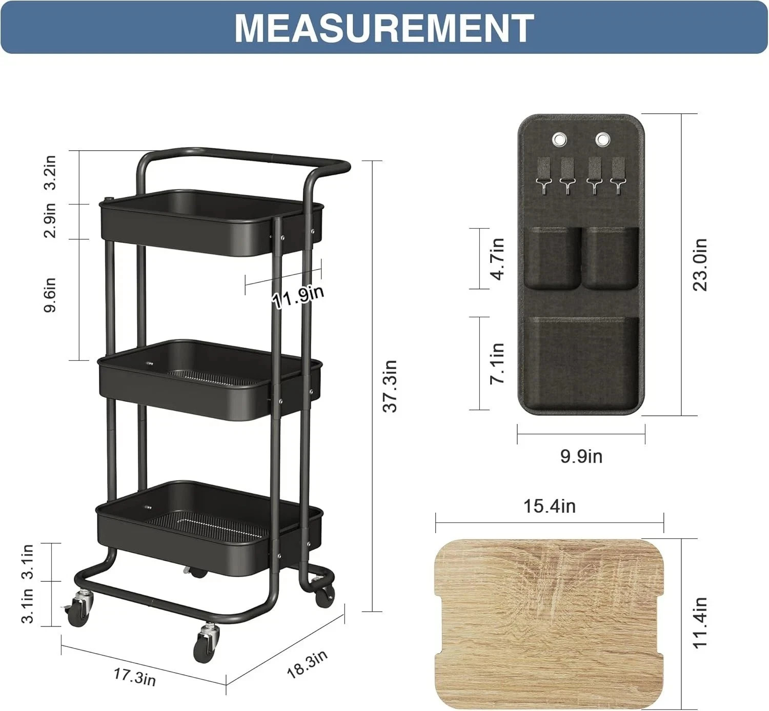 3 Tier Metal Utility Rolling Cart with Table Top and Side Bags, Tray Storage Org - Image 2