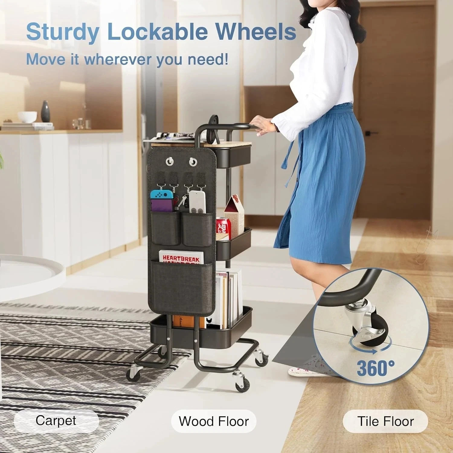3 Tier Metal Utility Rolling Cart with Table Top and Side Bags, Tray Storage Org - Image 3