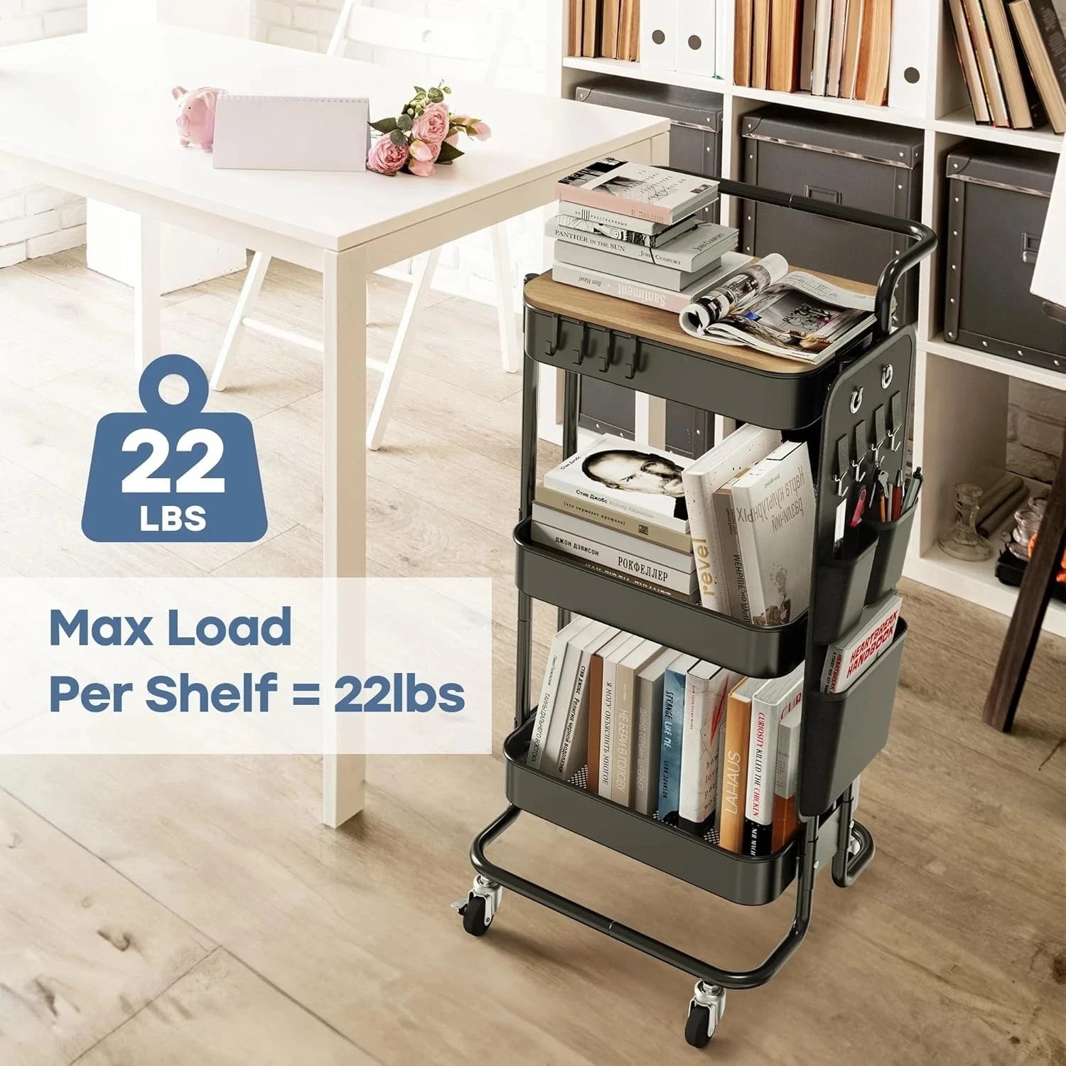 3 Tier Metal Utility Rolling Cart with Table Top and Side Bags, Tray Storage Org - Image 4