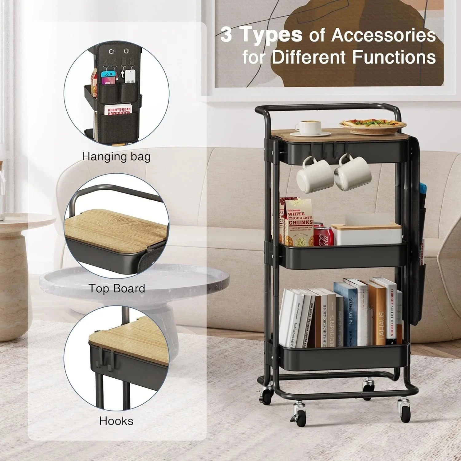 3 Tier Metal Utility Rolling Cart with Table Top and Side Bags, Tray Storage Org - Image 5