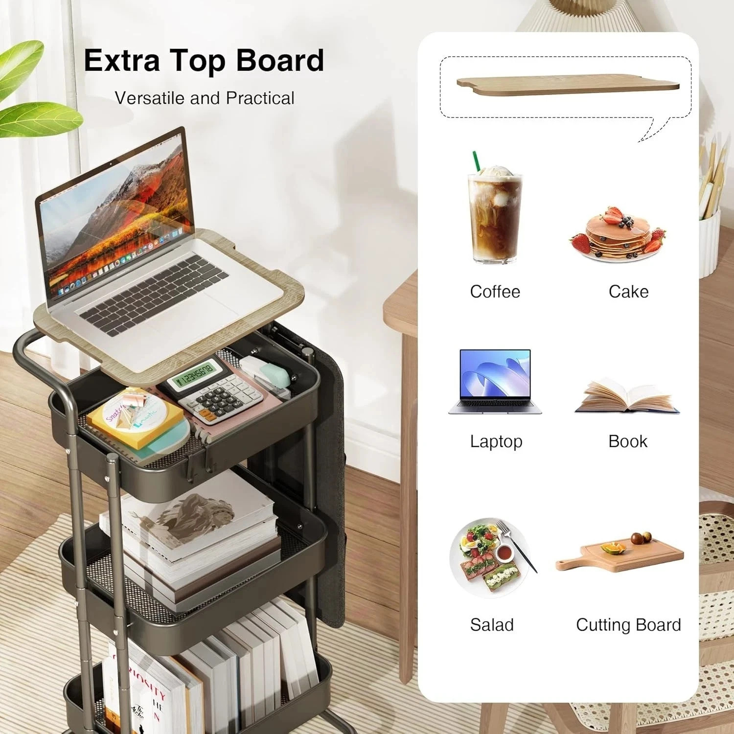 3 Tier Metal Utility Rolling Cart with Table Top and Side Bags, Tray Storage Org - Image 6