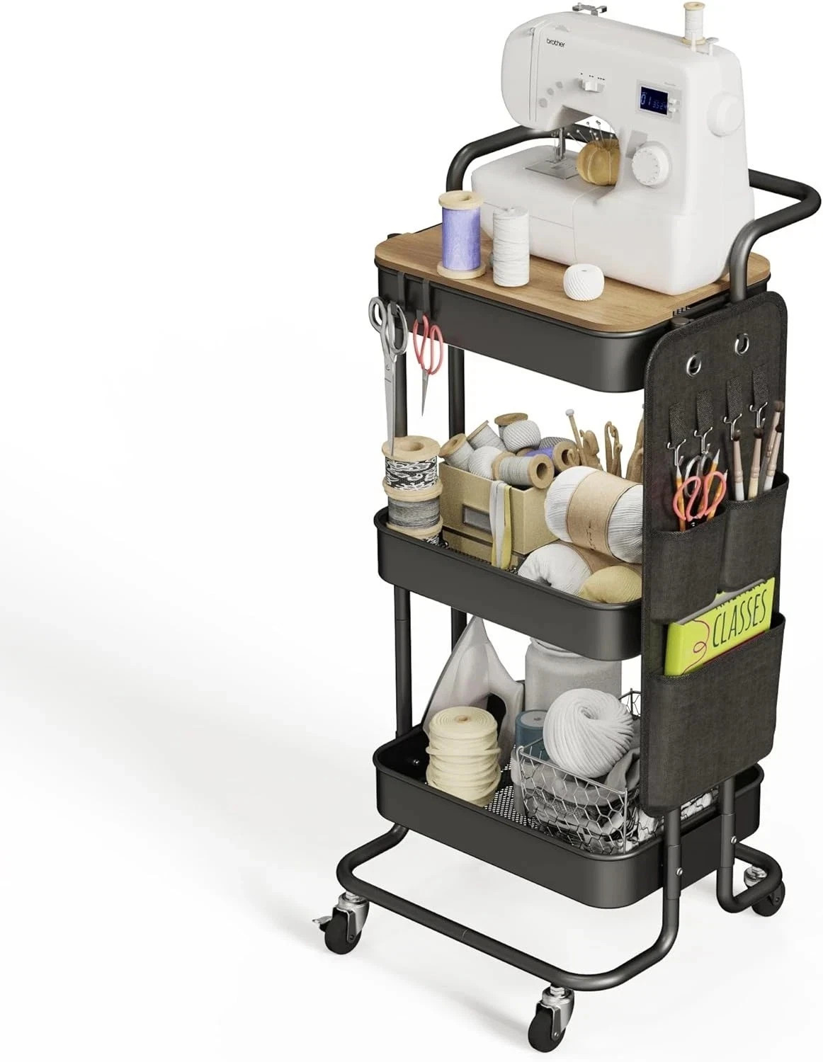 3 Tier Metal Utility Rolling Cart with Table Top and Side Bags, Tray Storage Org - Image 8
