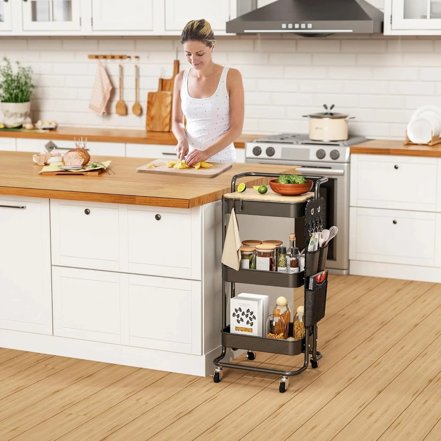 3 Tier Metal Utility Rolling Cart with Table Top and Side Bags, Tray Storage Org - Image 10