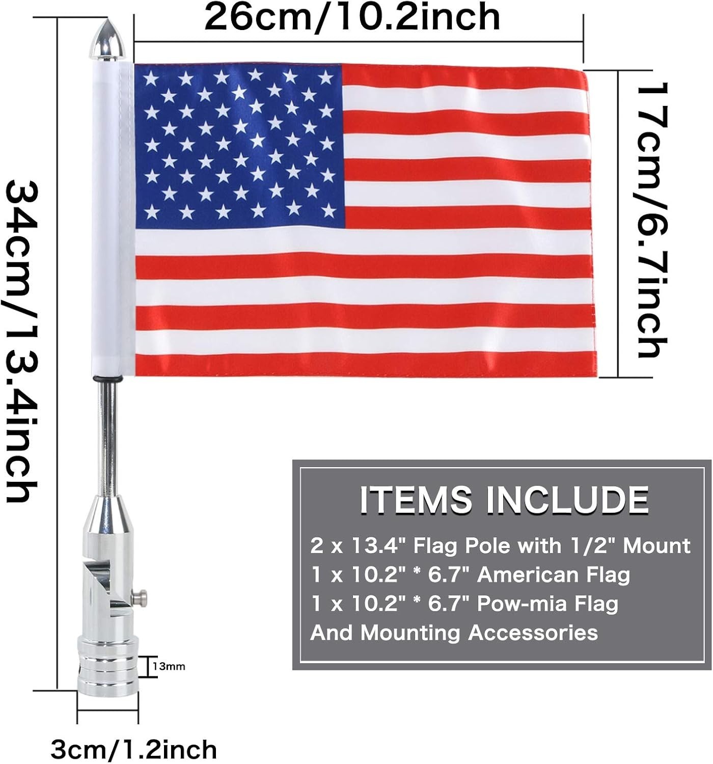 2 Pack Motorcycle Flag Pole Fold Down 90° with American Flag and Pow-mia Fl - Image 5