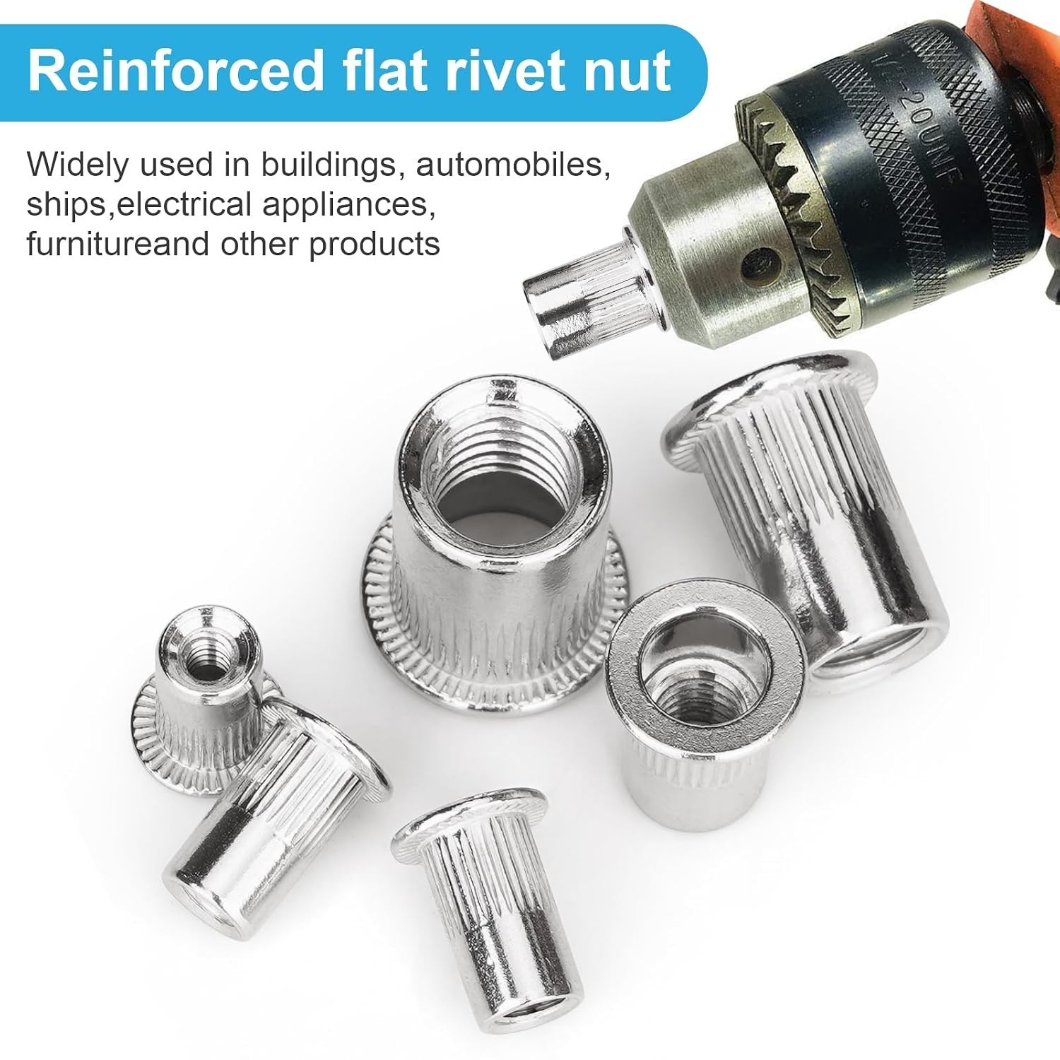 1/4"-20 Rivet Nut, 100Pcs 304 Stainless Steel Flat Head Rivnut Threaded Inser... - Image 6