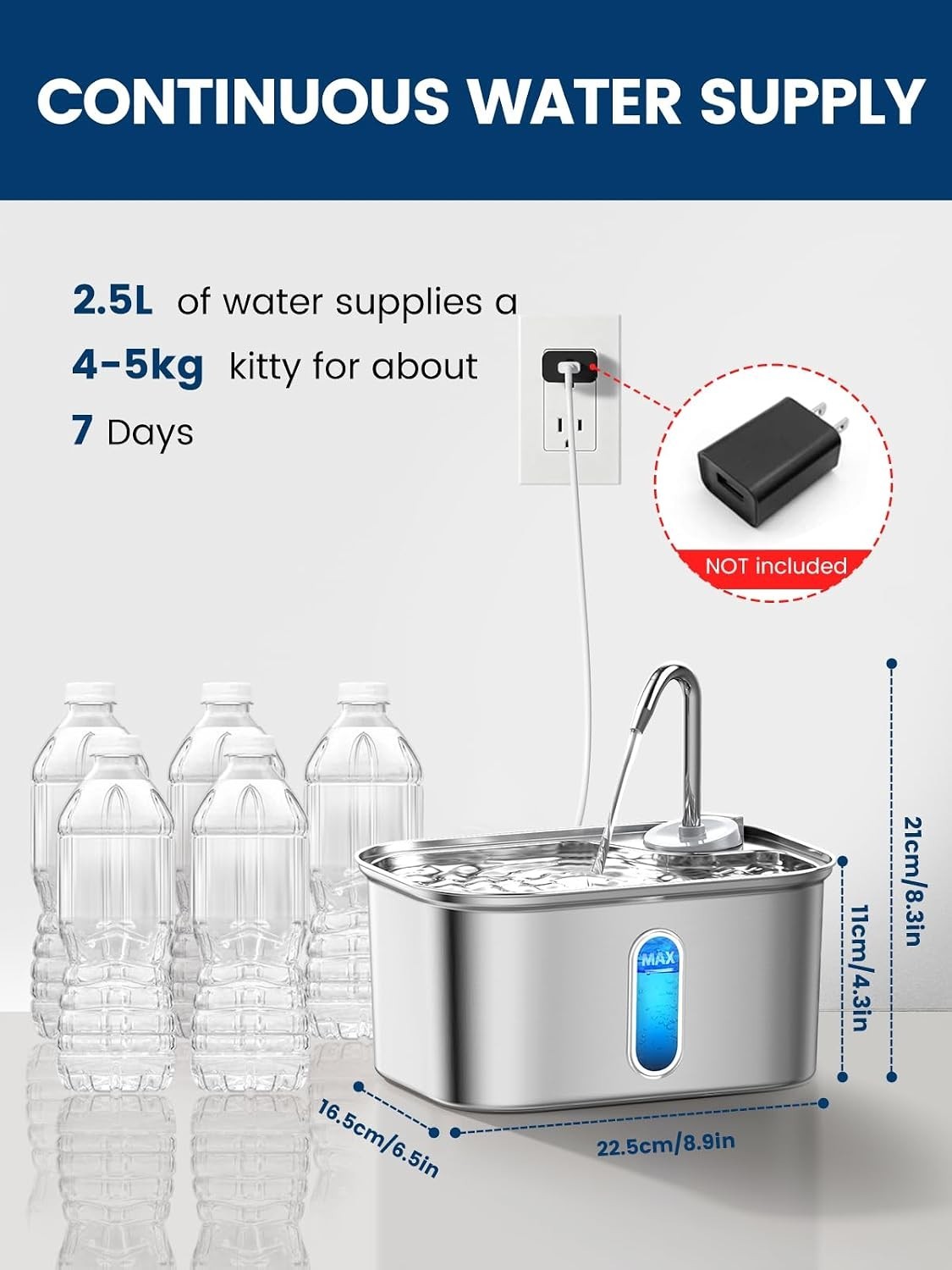 2.5L/85Oz Cat Water Fountain Stainless Steel Quiet | Kitty Spout Cat F - Image 4