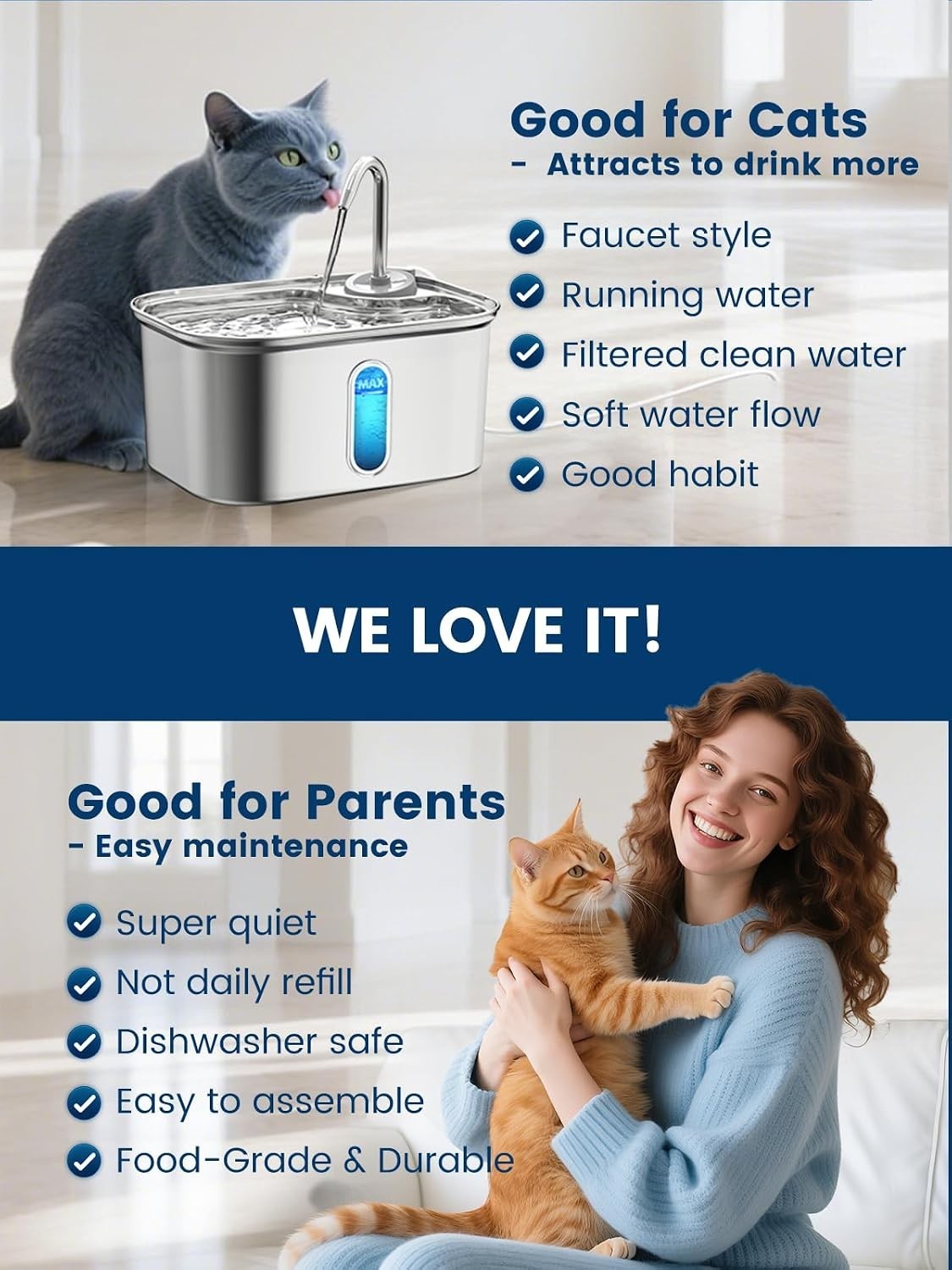 2.5L/85Oz Cat Water Fountain Stainless Steel Quiet | Kitty Spout Cat F - Image 8