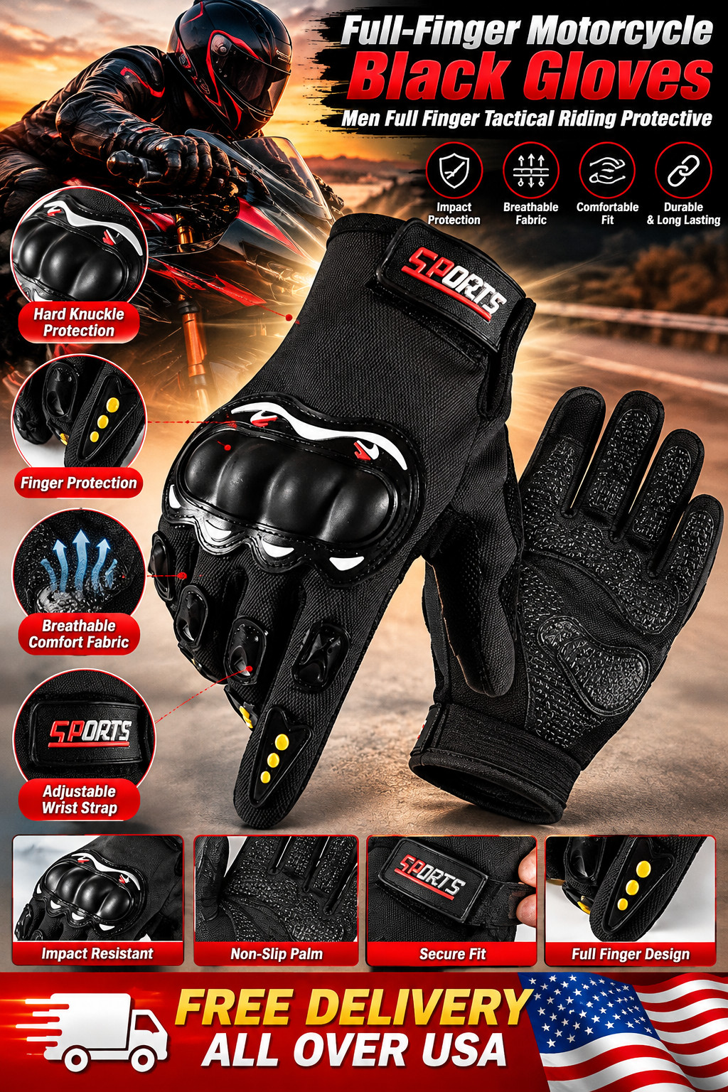 Full-Finger Motorcycle Black Gloves Men Full Finger Tactical Riding Protective