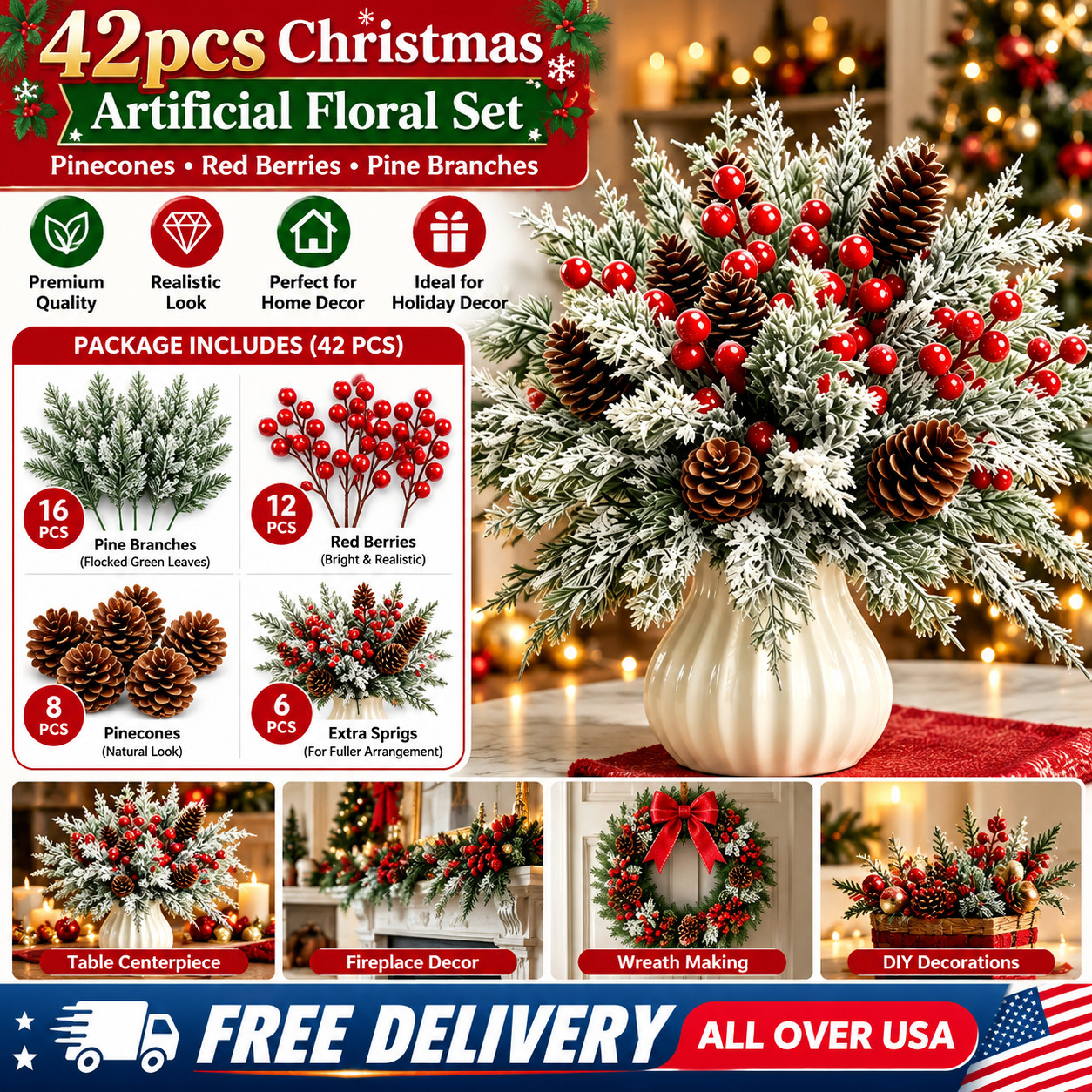 New 42pcs Christmas Artificial Floral Set Pinecones Red Berries Pine Branches