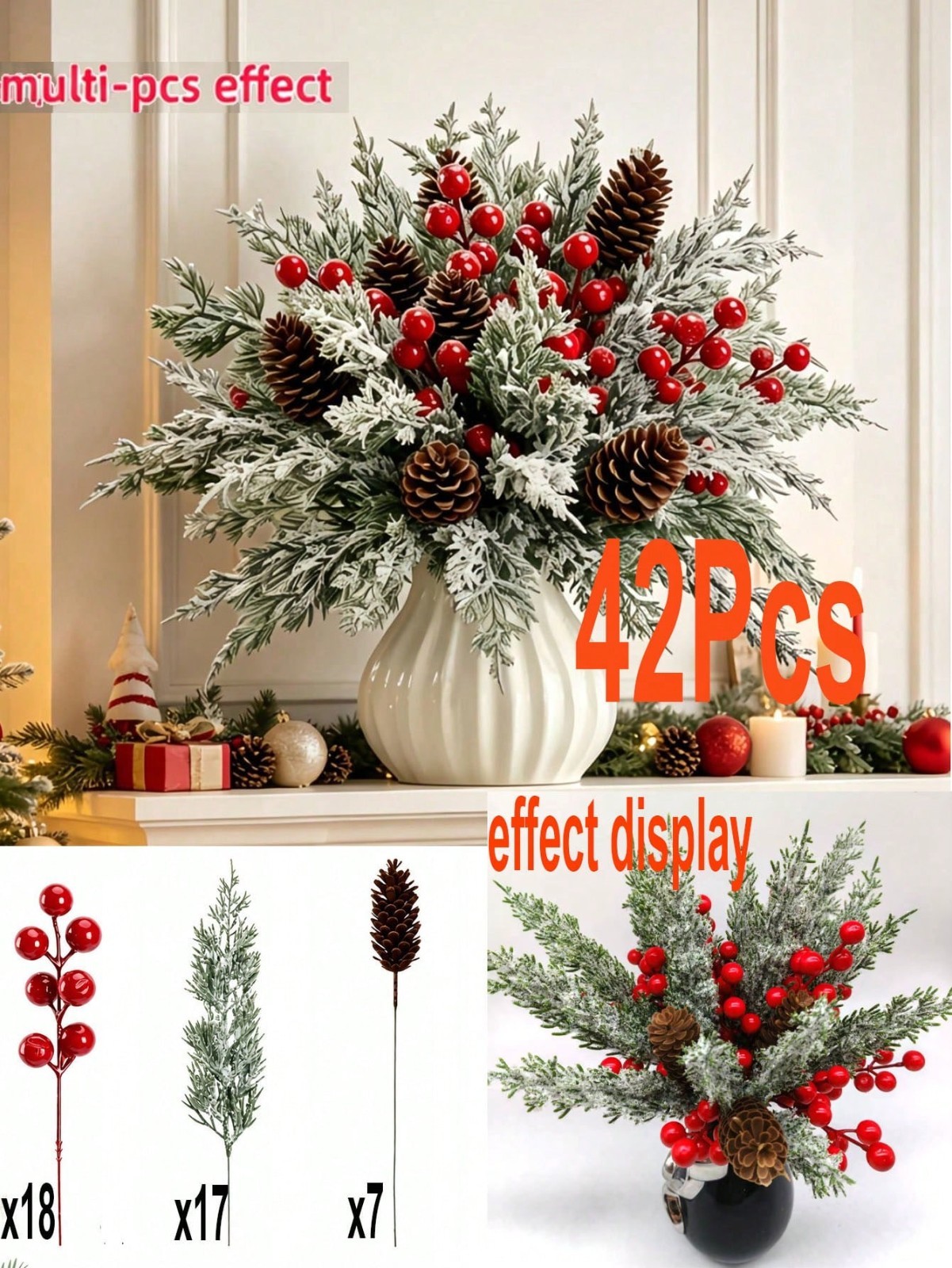 New 42pcs Christmas Artificial Floral Set Pinecones Red Berries Pine Branches - Image 10