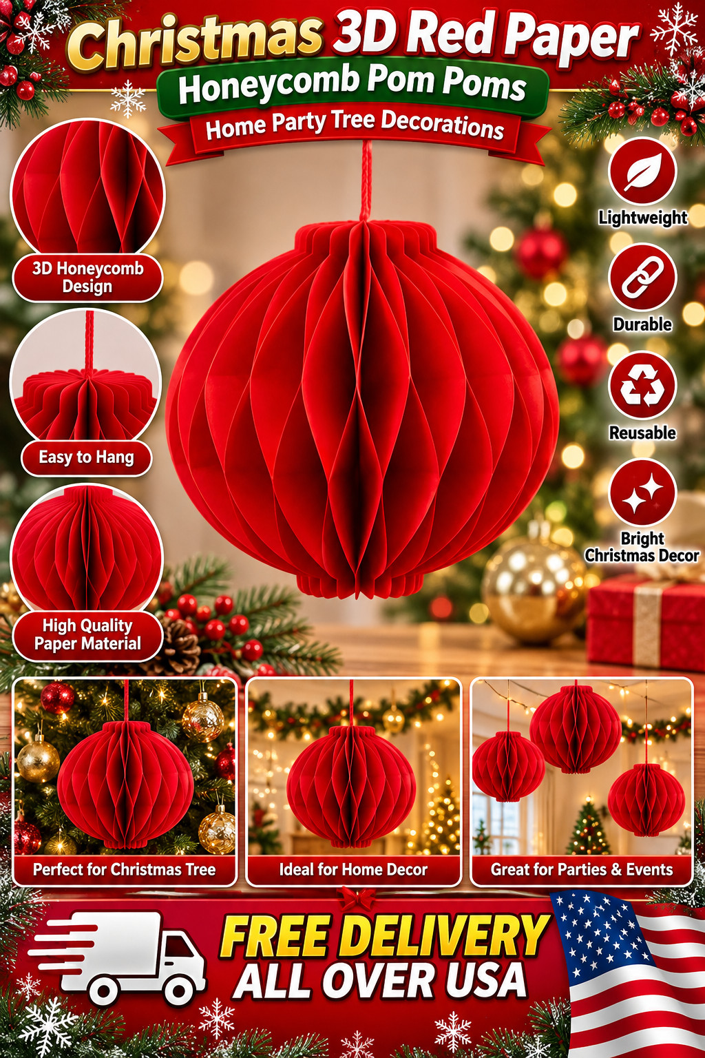 New Christmas 3d Red Paper Honeycomb Pom Poms Home Party Tree Decorations