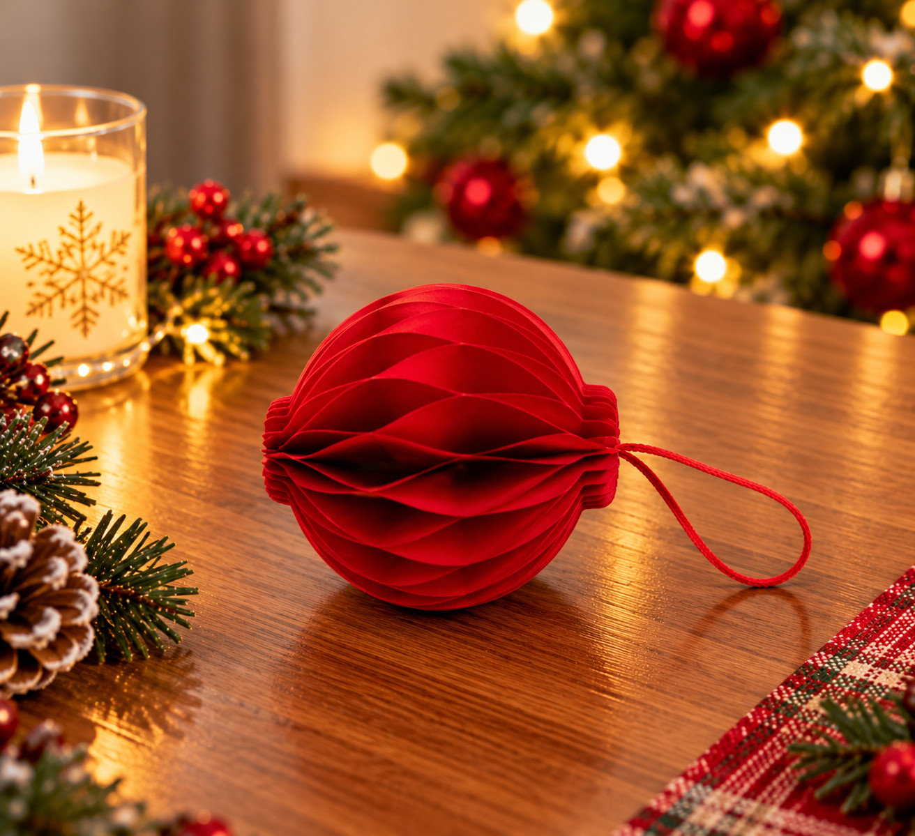 New Christmas 3d Red Paper Honeycomb Pom Poms Home Party Tree Decorations - Image 5