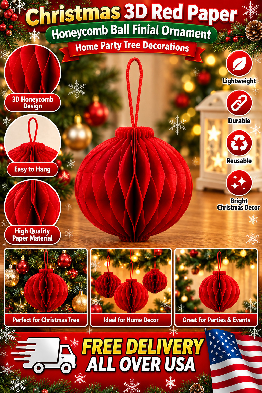 Christmas 3d Red Paper Honeycomb Ball Finial Ornament Home Party Tree Decoration
