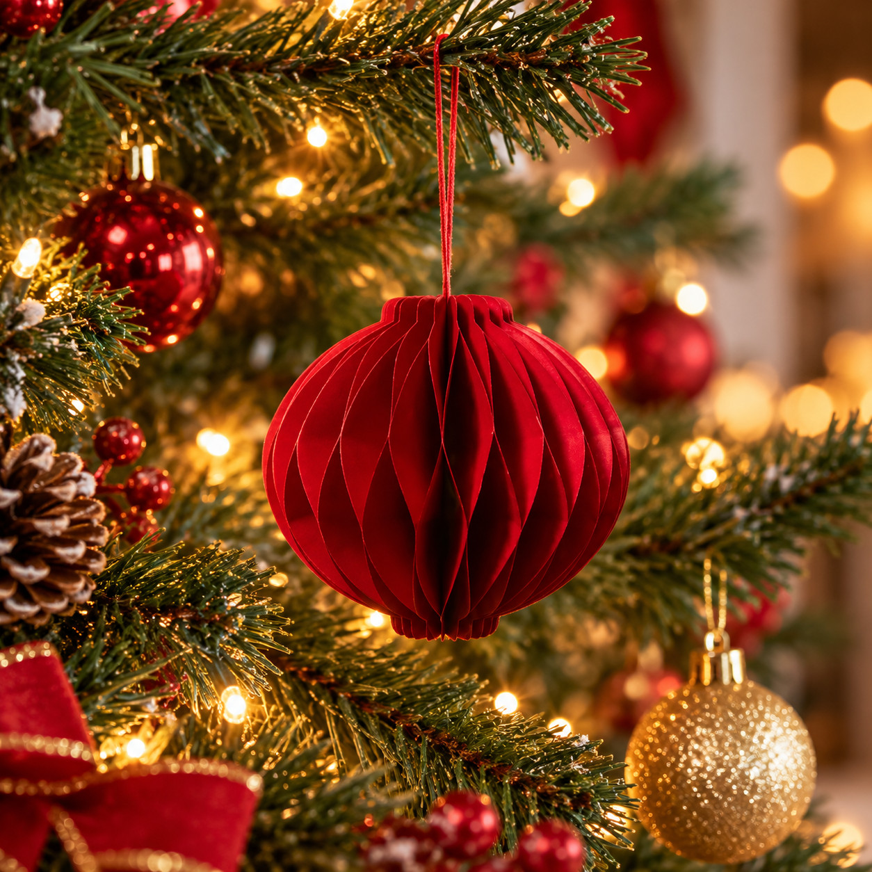 Christmas 3d Red Paper Honeycomb Ball Finial Ornament Home Party Tree Decoration - Image 6