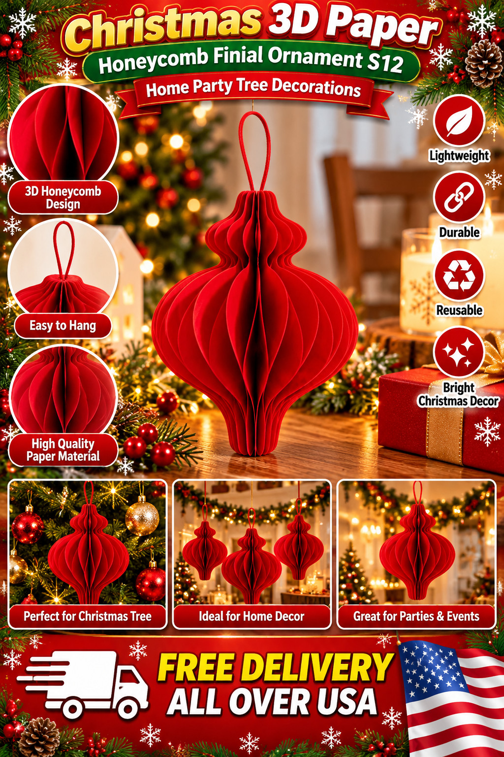 Christmas3d Paper Honeycomb Finial Ornament S12 Home Party Tree Decorations