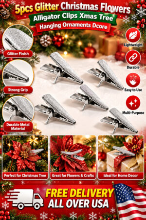 5pcs Glitter Christmas Flowers Alligator Clips Xmas Tree Hanging Ornaments Dcore
