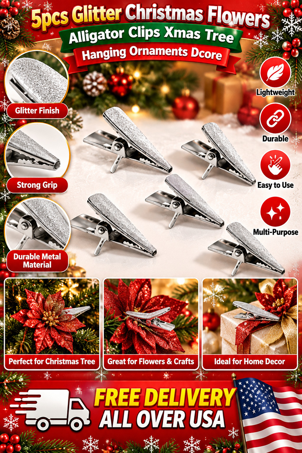 5pcs Glitter Christmas Flowers Alligator Clips Xmas Tree Hanging Ornaments Dcore