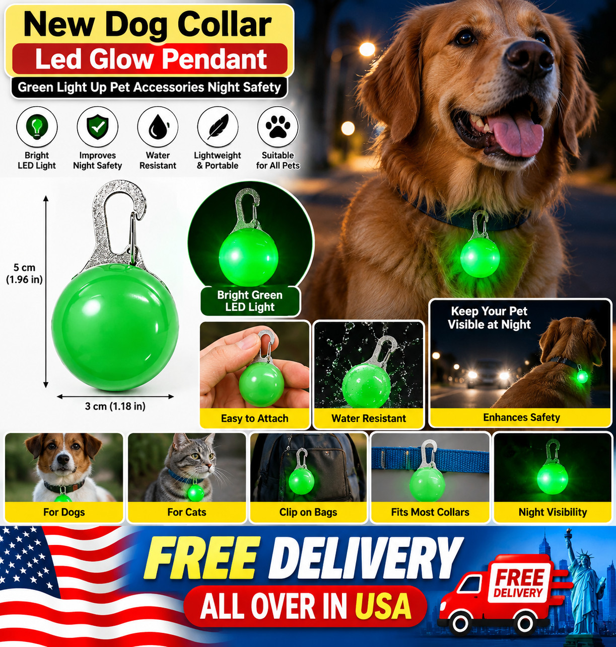 New Dog Collar Led Glow Pendant Green Light Up Pet Accessories Night Safety