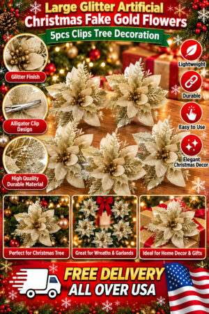 Large Glitter Artificial Christmas Fake Gold Flowers 5pcs Clips Tree Decoration