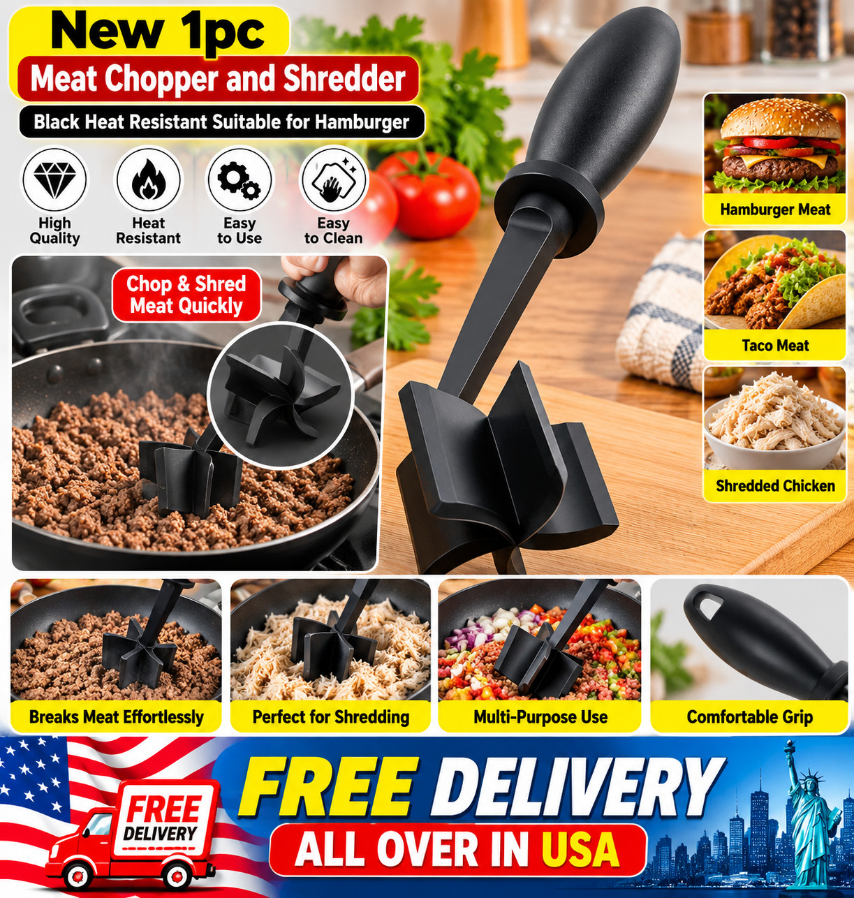 New 1pc Meat Chopper and Shredder Black Heat Resistant Suitable for Hamburger