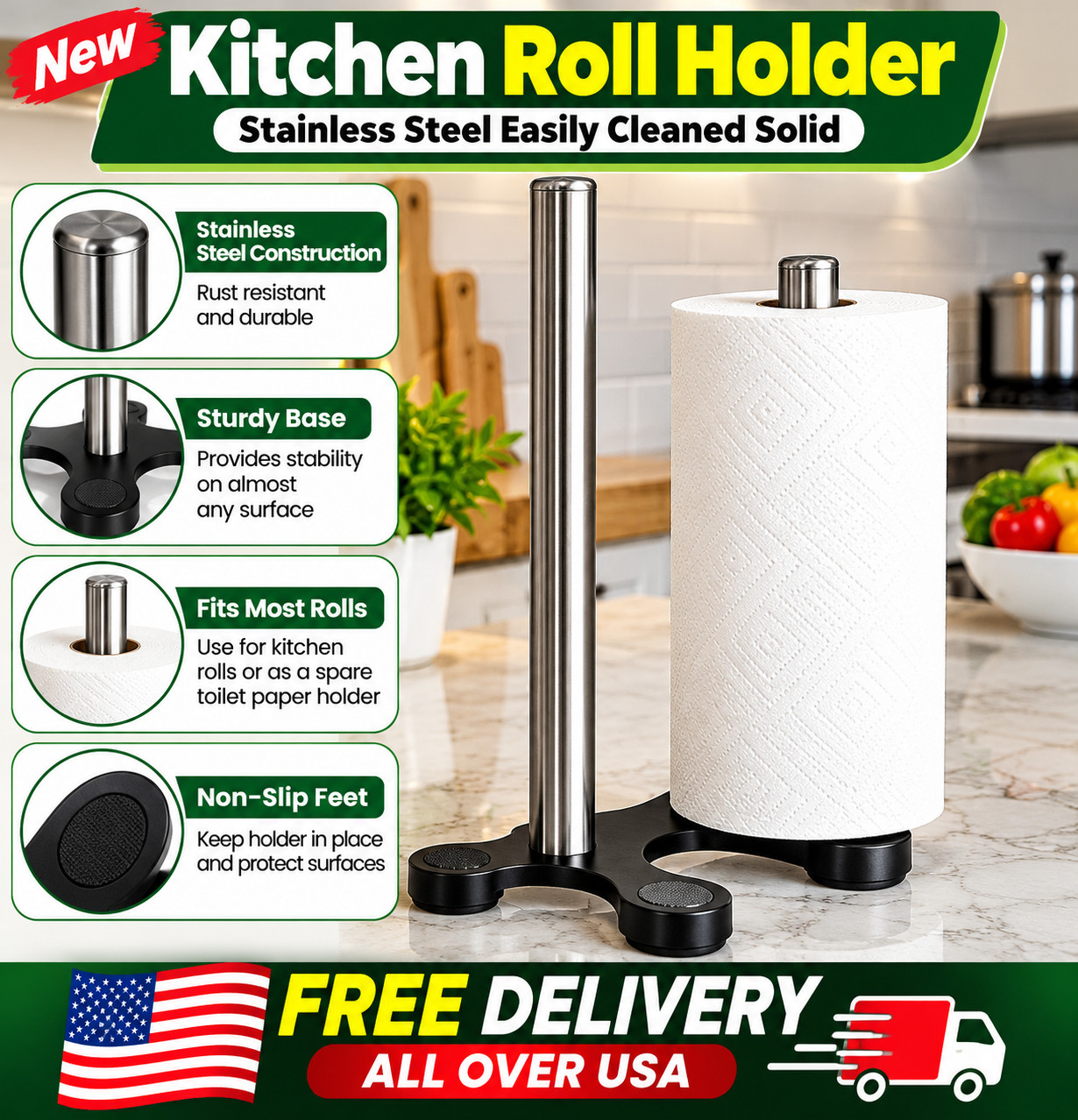 New Kitchen Roll Holder Stainless Steel Easily Cleaned Solid