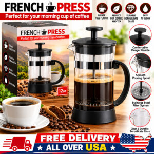 New 12 Oz French Press Coffee and Tea Maker Glass Clear Reusable Filter