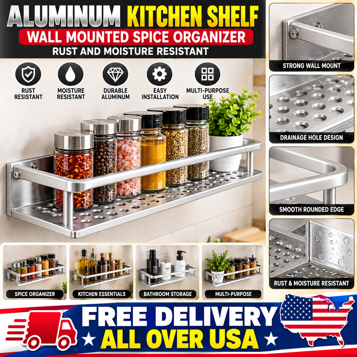 Aluminum Kitchen Shelf Wall Mounted Spice Organizer Rust and Moisture Resistant