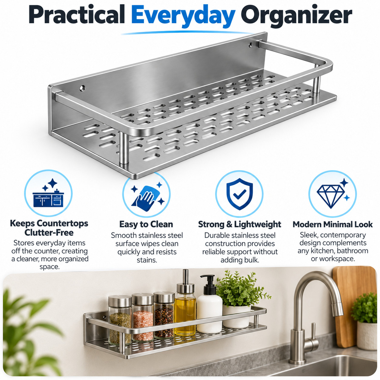 Aluminum Kitchen Shelf Wall Mounted Spice Organizer Rust and Moisture Resistant - Image 8