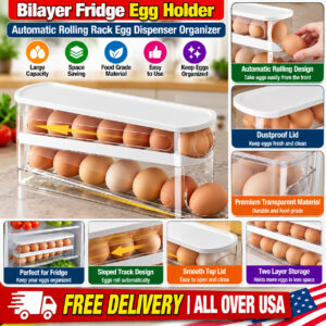 Bilayer Fridge Egg Holder Automatic Rolling Rack Egg Dispenser Organizer