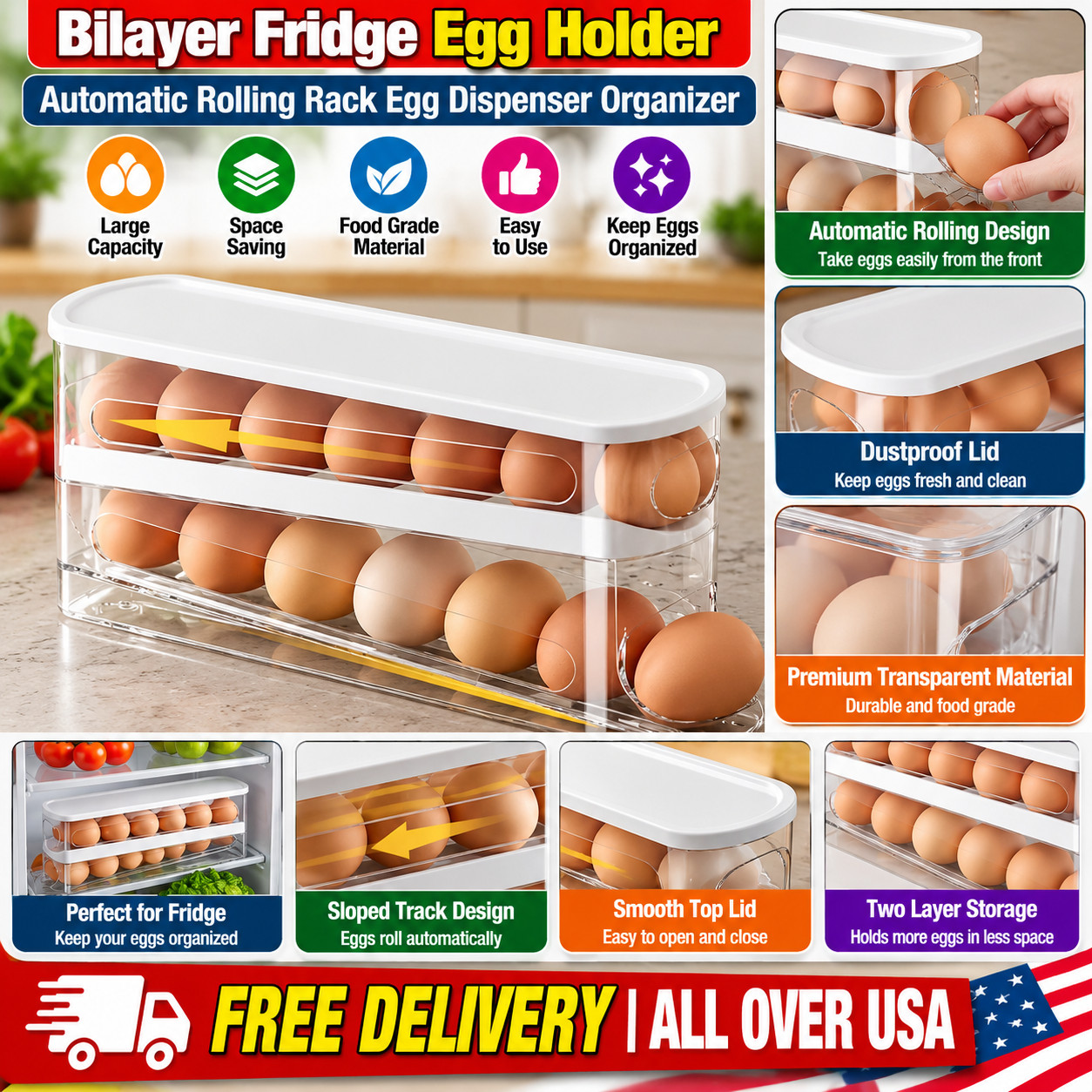 Bilayer Fridge Egg Holder Automatic Rolling Rack Egg Dispenser Organizer