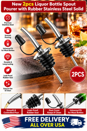 New 2pcs Liquor Bottle Spout Pourer with Rubber Stainless Steel Solid