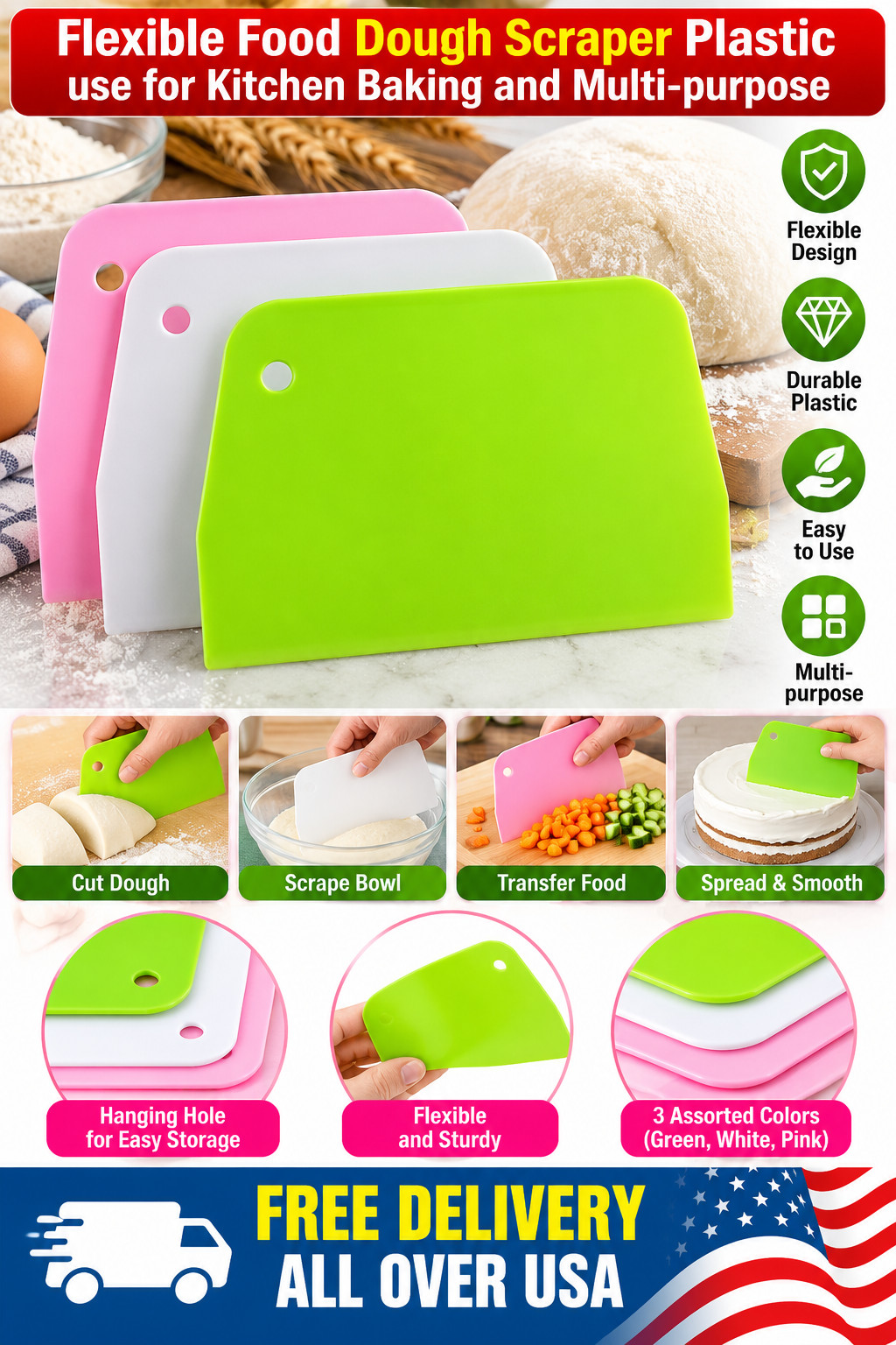 Flexible Food Dough Scraper Plastic use for Kitchen Baking and Multi-purpose - White