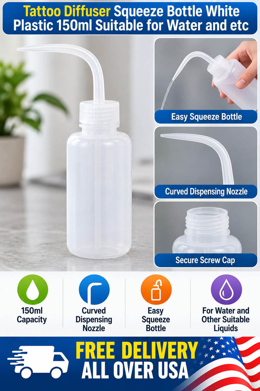 Tattoo Diffuser Squeeze Bottle White Plastic 150ml Suitable for Water and etc