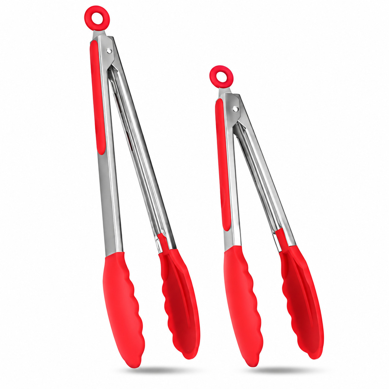 2 PCS 9 And 12 Inch Red Stainless Steel Kitchen Food Tongs Silicone Tip BBQ