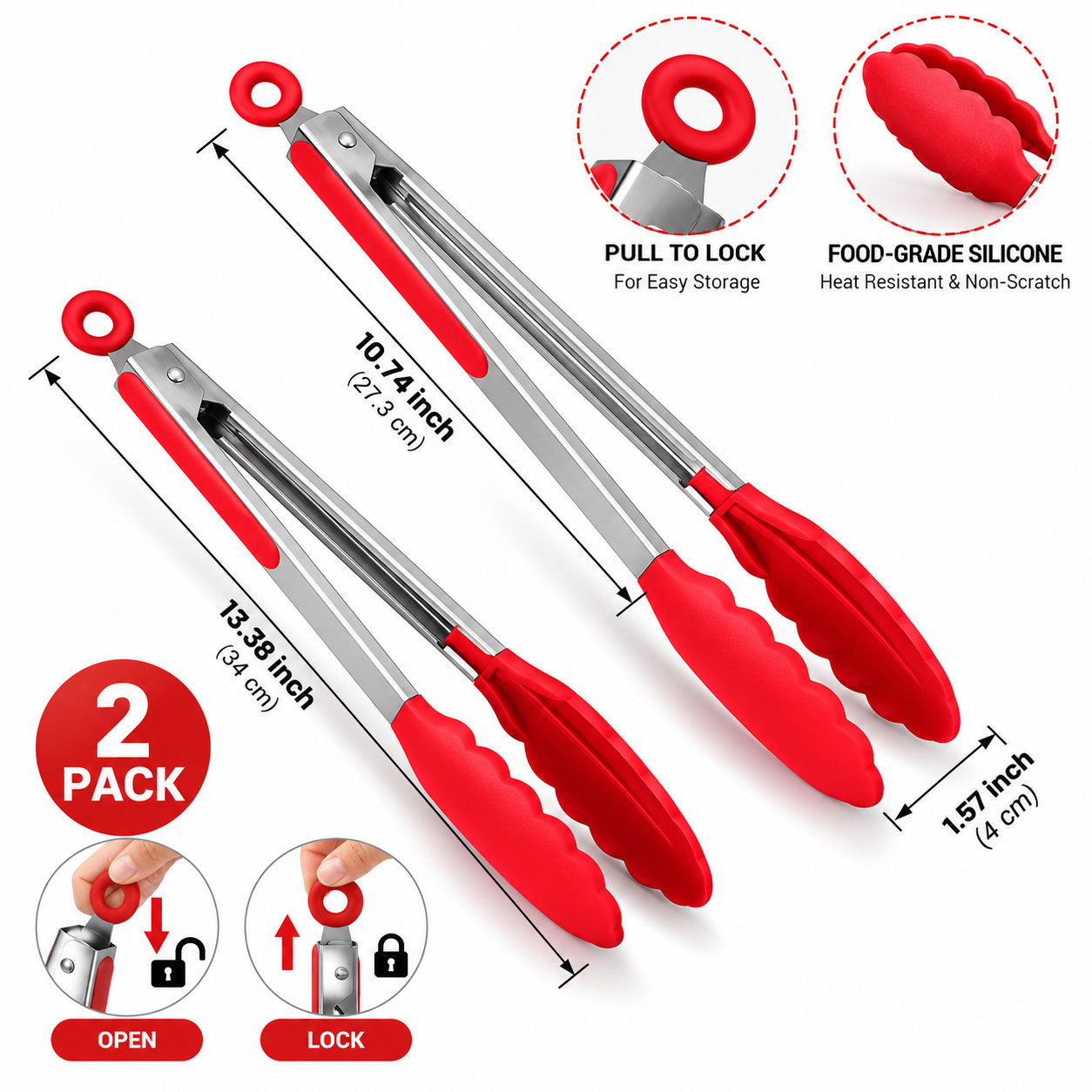 2 PCS 9 And 12 Inch Red Stainless Steel Kitchen Food Tongs Silicone Tip BBQ - Image 2