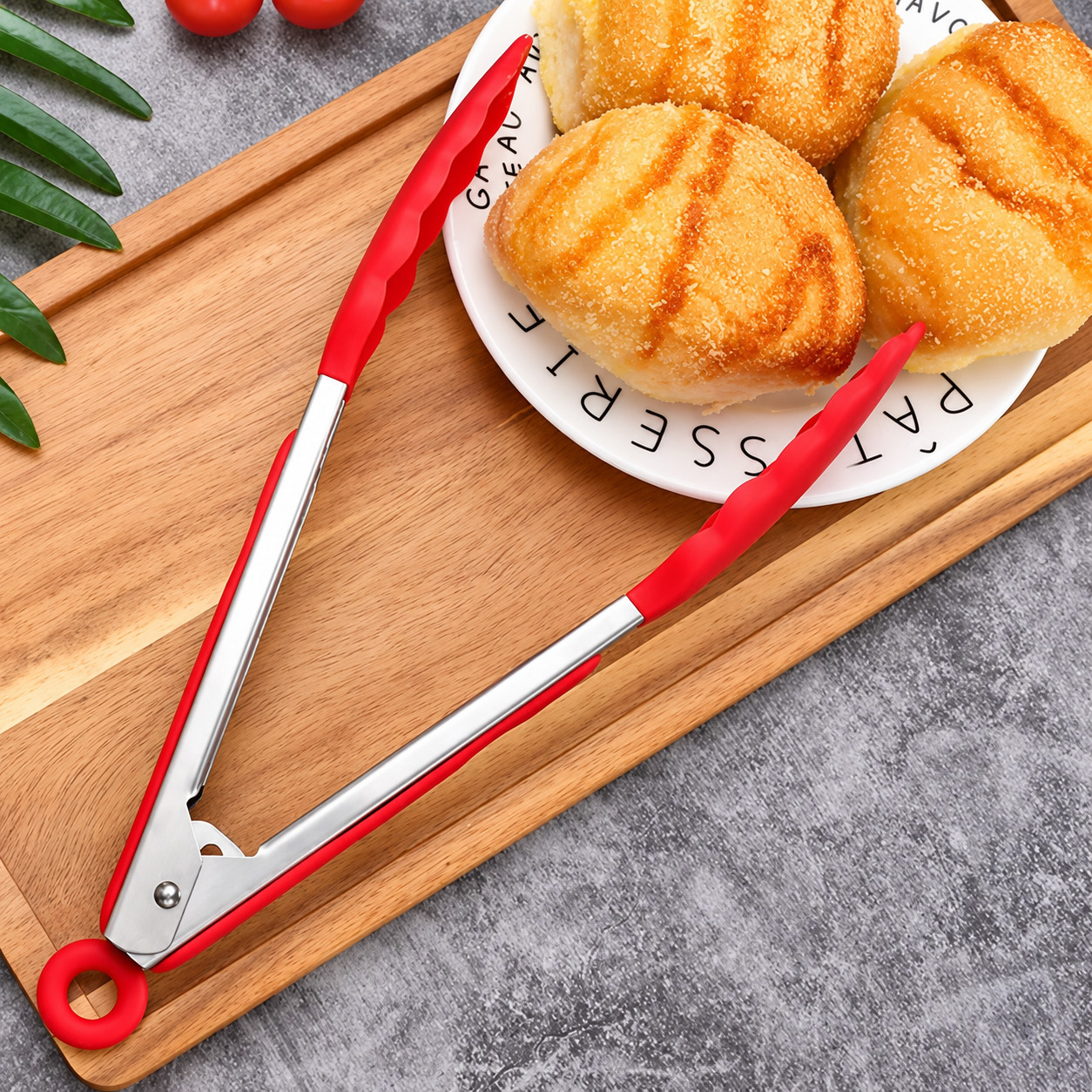 2 PCS 9 And 12 Inch Red Stainless Steel Kitchen Food Tongs Silicone Tip BBQ - Image 3