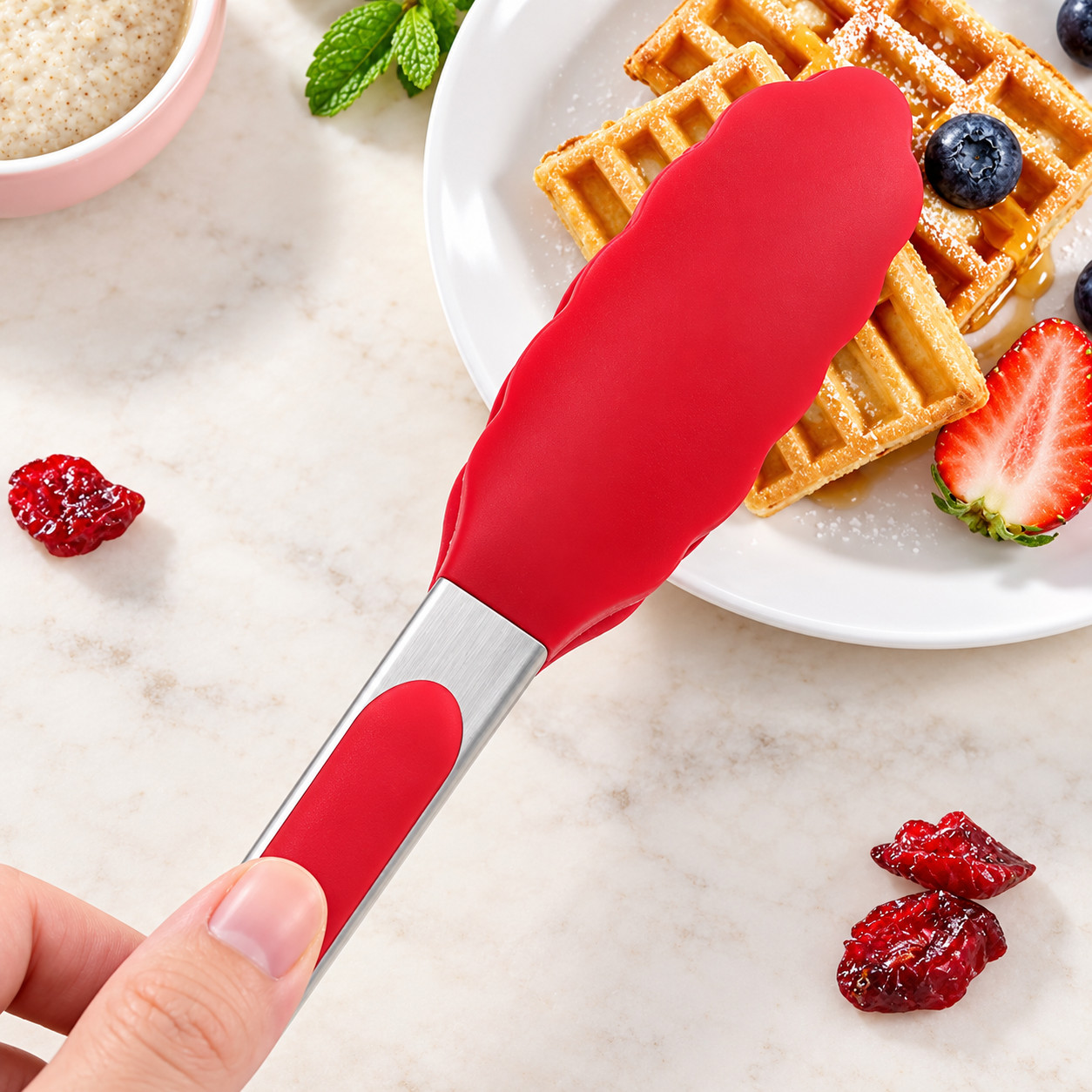 2 PCS 9 And 12 Inch Red Stainless Steel Kitchen Food Tongs Silicone Tip BBQ - Image 4