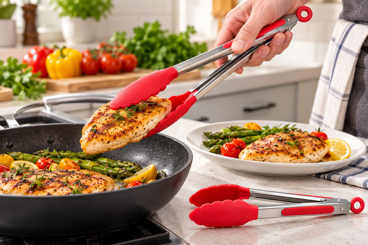 2 PCS 9 And 12 Inch Red Stainless Steel Kitchen Food Tongs Silicone Tip BBQ - Image 5