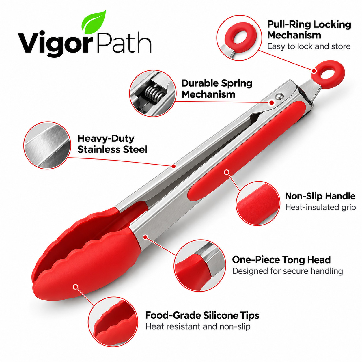 2 PCS 9 And 12 Inch Red Stainless Steel Kitchen Food Tongs Silicone Tip BBQ - Image 6