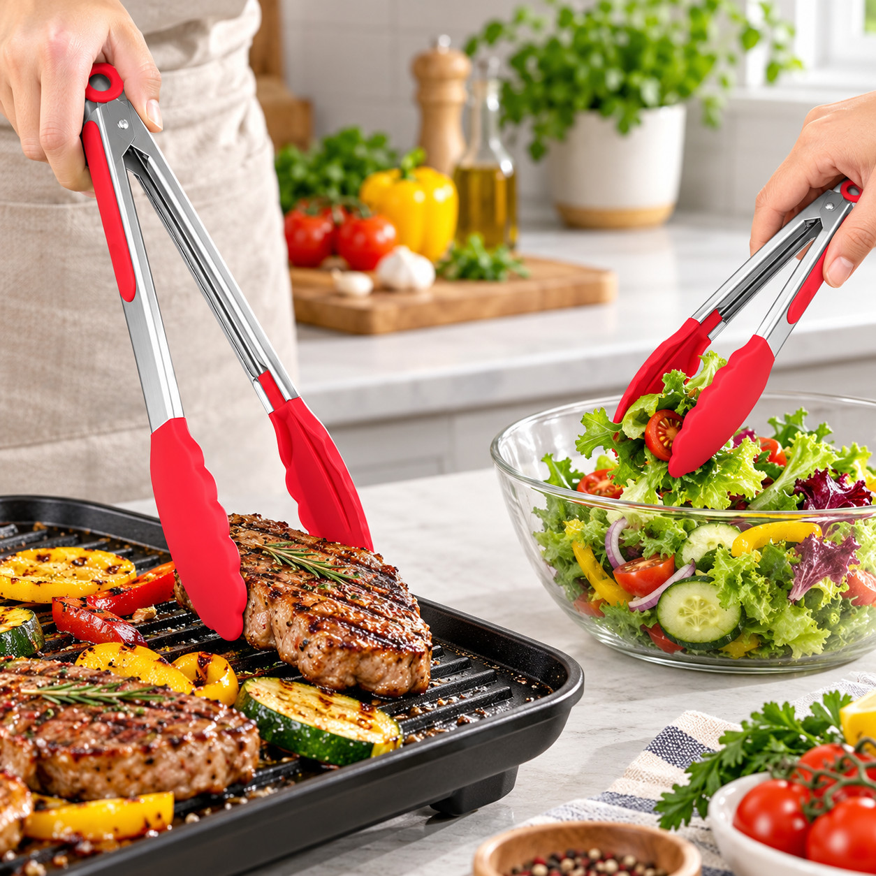 2 PCS 9 And 12 Inch Red Stainless Steel Kitchen Food Tongs Silicone Tip BBQ - Image 7