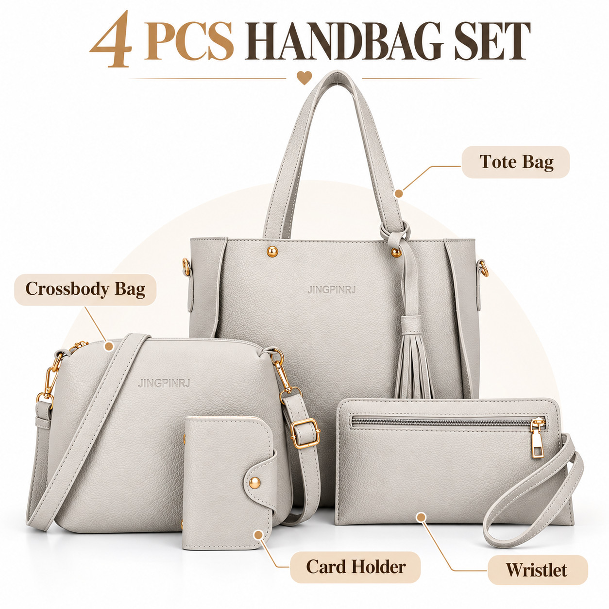 4pcs/set Women's Pu Leather Light Grey Elegant Tote Crossbody Shoulder Bags - Image 2