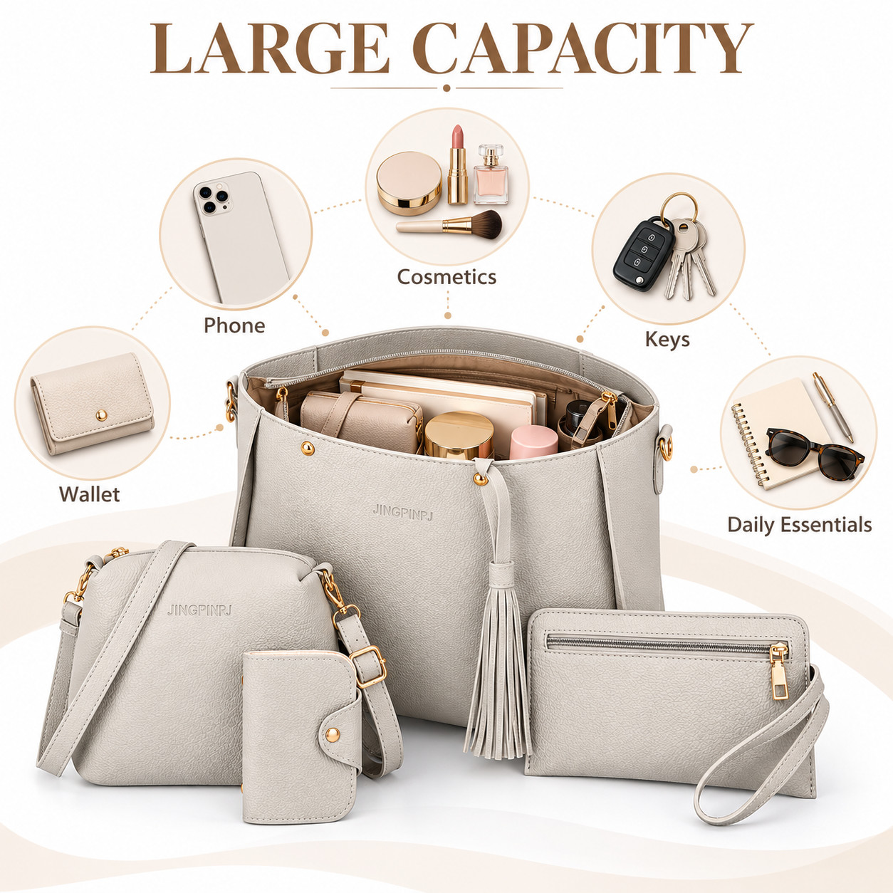 4pcs/set Women's Pu Leather Light Grey Elegant Tote Crossbody Shoulder Bags - Image 3