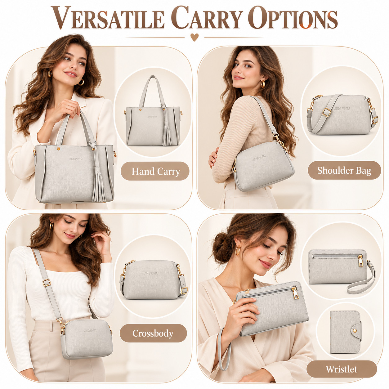 4pcs/set Women's Pu Leather Light Grey Elegant Tote Crossbody Shoulder Bags - Image 5