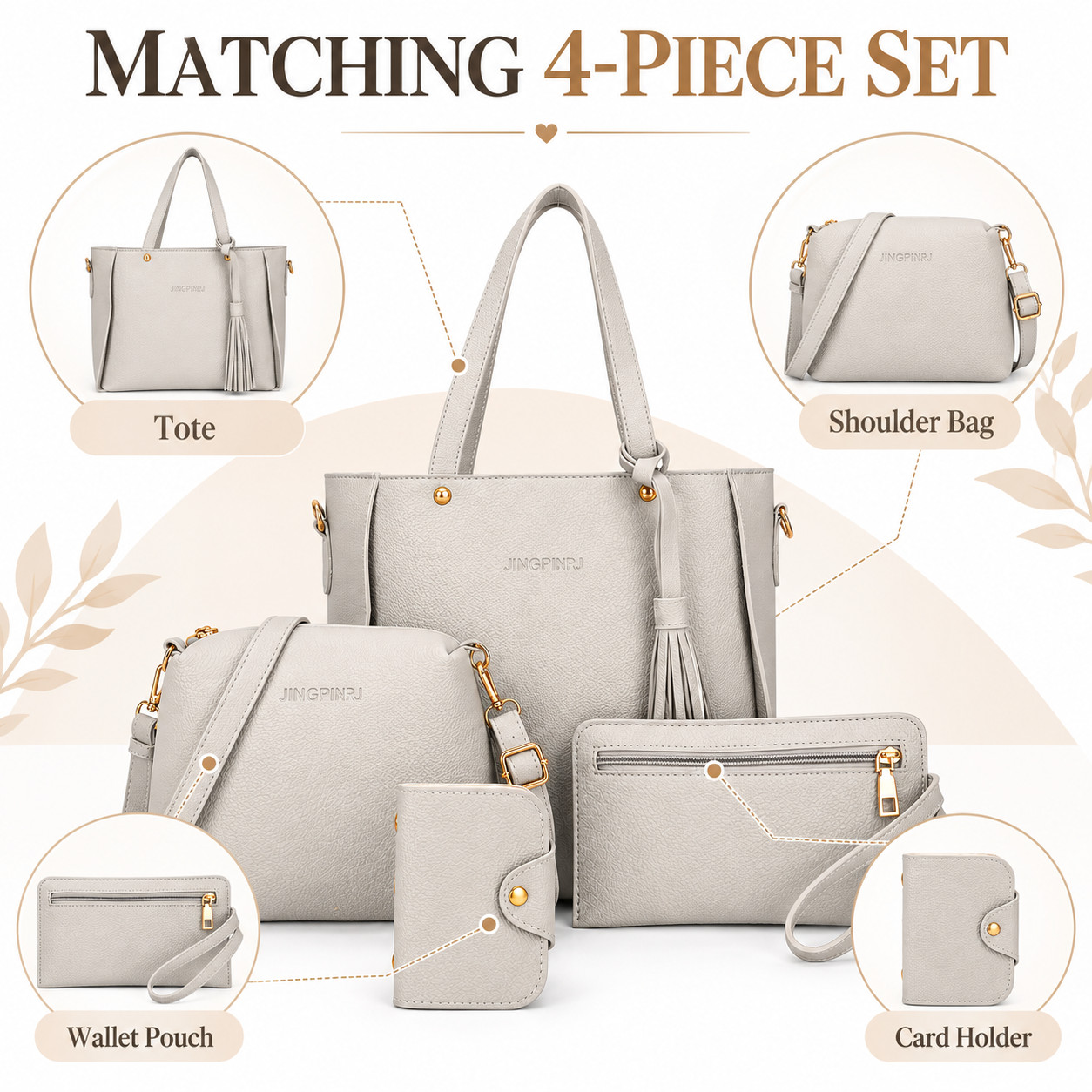 4pcs/set Women's Pu Leather Light Grey Elegant Tote Crossbody Shoulder Bags - Image 6