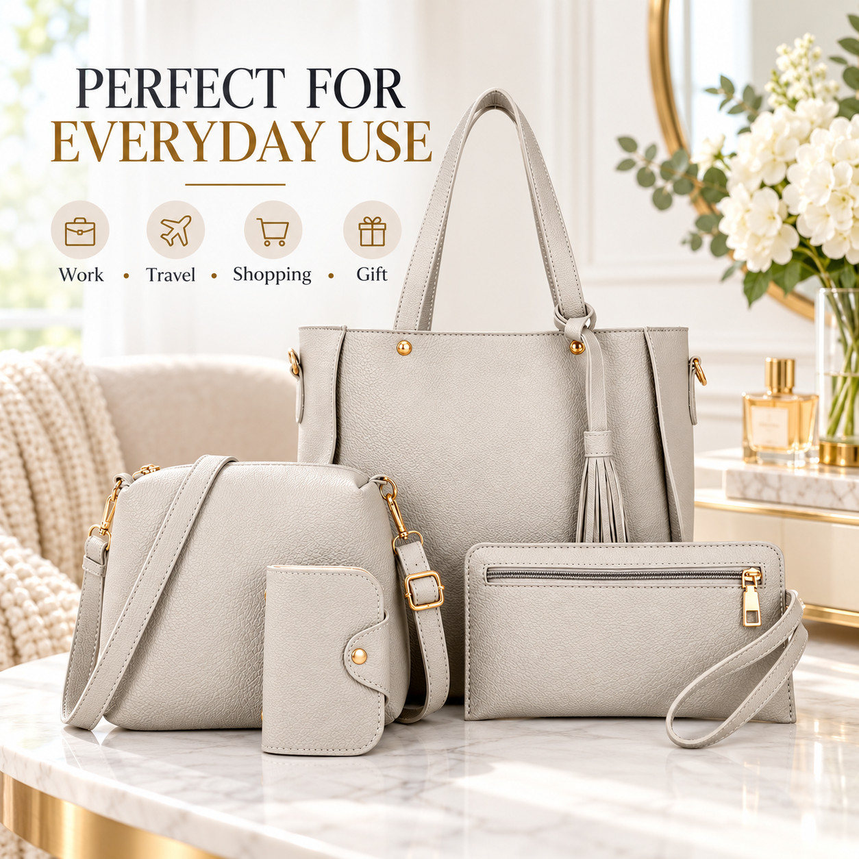 4pcs/set Women's Pu Leather Light Grey Elegant Tote Crossbody Shoulder Bags - Image 7